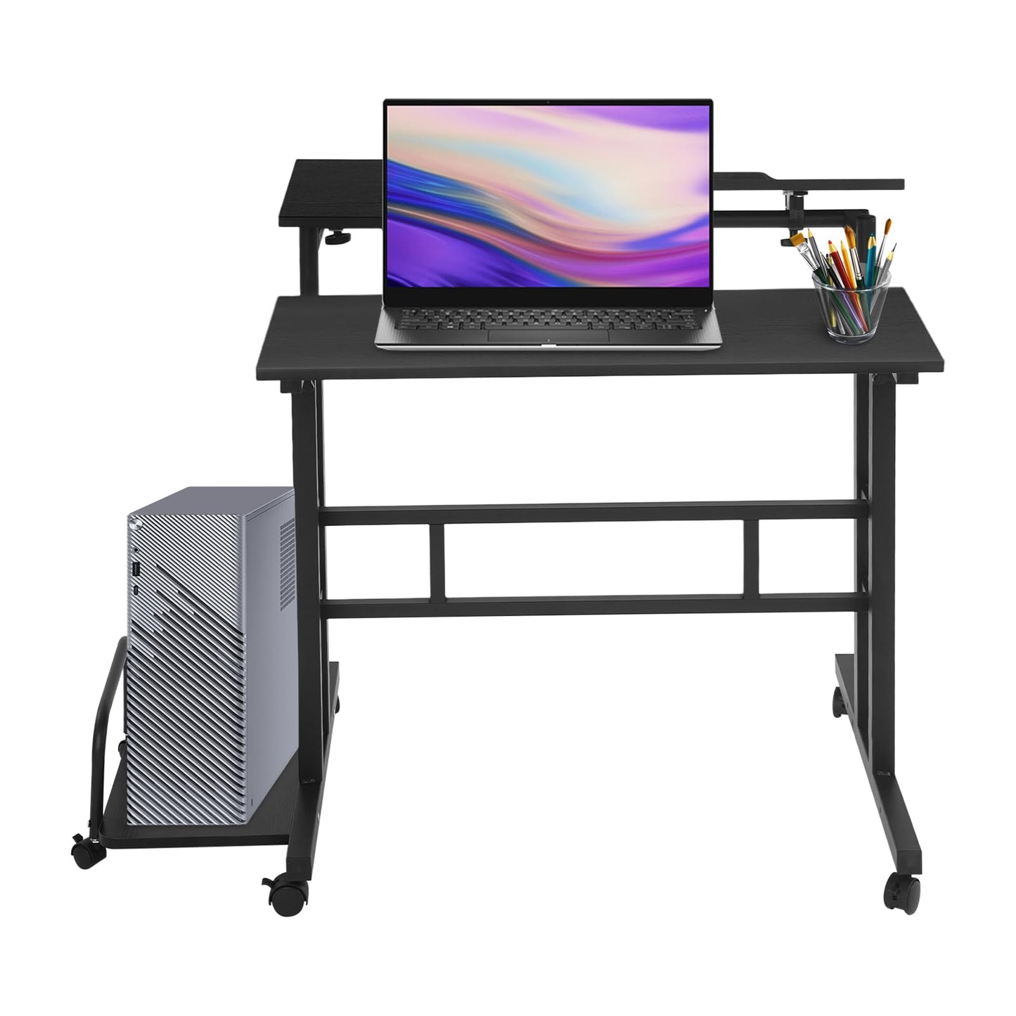 JOMCYDM Height Adjustable Mobile Laptop Desk Standing Desk with Wheels Portable Computer Table Rolling Working Station with Storage Shelves for Home Office Small Space