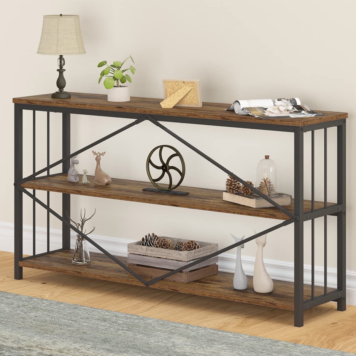 LVB Industrial Console Entryway Table, Metal Wood Rustic Sofa Table with Storage, Farmhouse 3 Tier Shelf Long Hallway Foyer Entry Tables Behind Couch for Home Living Room Entryway, Rustic Brown, 55 In