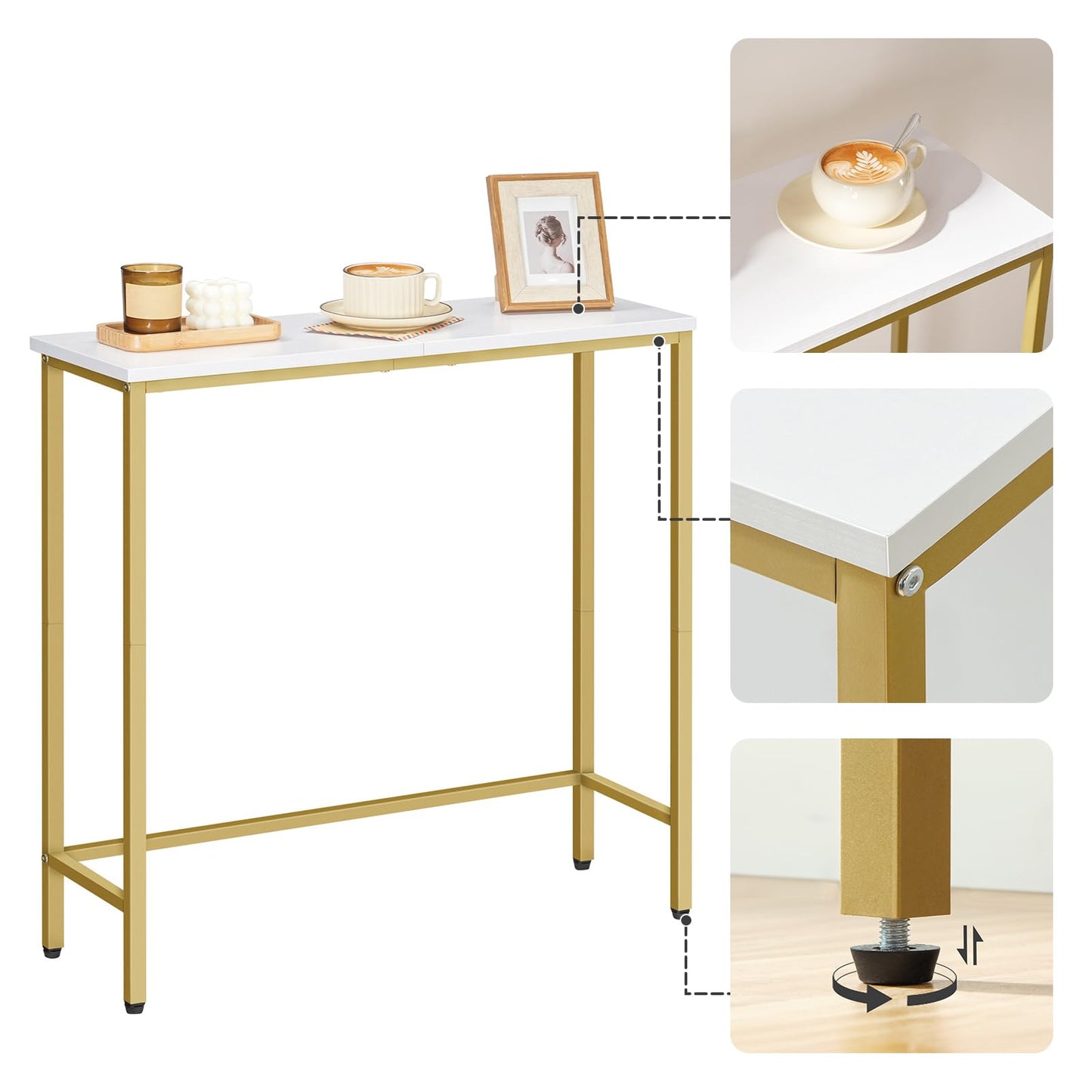 HOOBRO Narrow Console Table, 29.5" Small Entryway Table, Thin Sofa Table, Side Table, Display Table, for Hallway, Bedroom, Living Room, Foyer, White and Gold DW75XG01