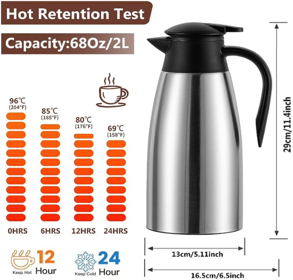 Thermal Coffee Carafe 70 oz / 2L Insulated Stainless Steel, Coffee Carafes Double Walled Vacuum Pot Flask - Hot Beverage Dispenser/Water, Tea - Keep 12/24 Hours Hot/Cold (Silver)