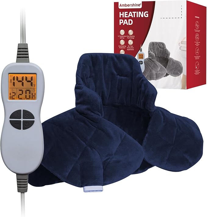 Ambershine 19''x24'' Weighted Neck & Shoulder Heating Pad, 2.5lbs with 12 Temperature Settings& 4 Auto-Off Timers, Pain Relief for Neck/Shoulder/Back, Christmas Gifts for Women Men Mom Dad(Navy Blue)