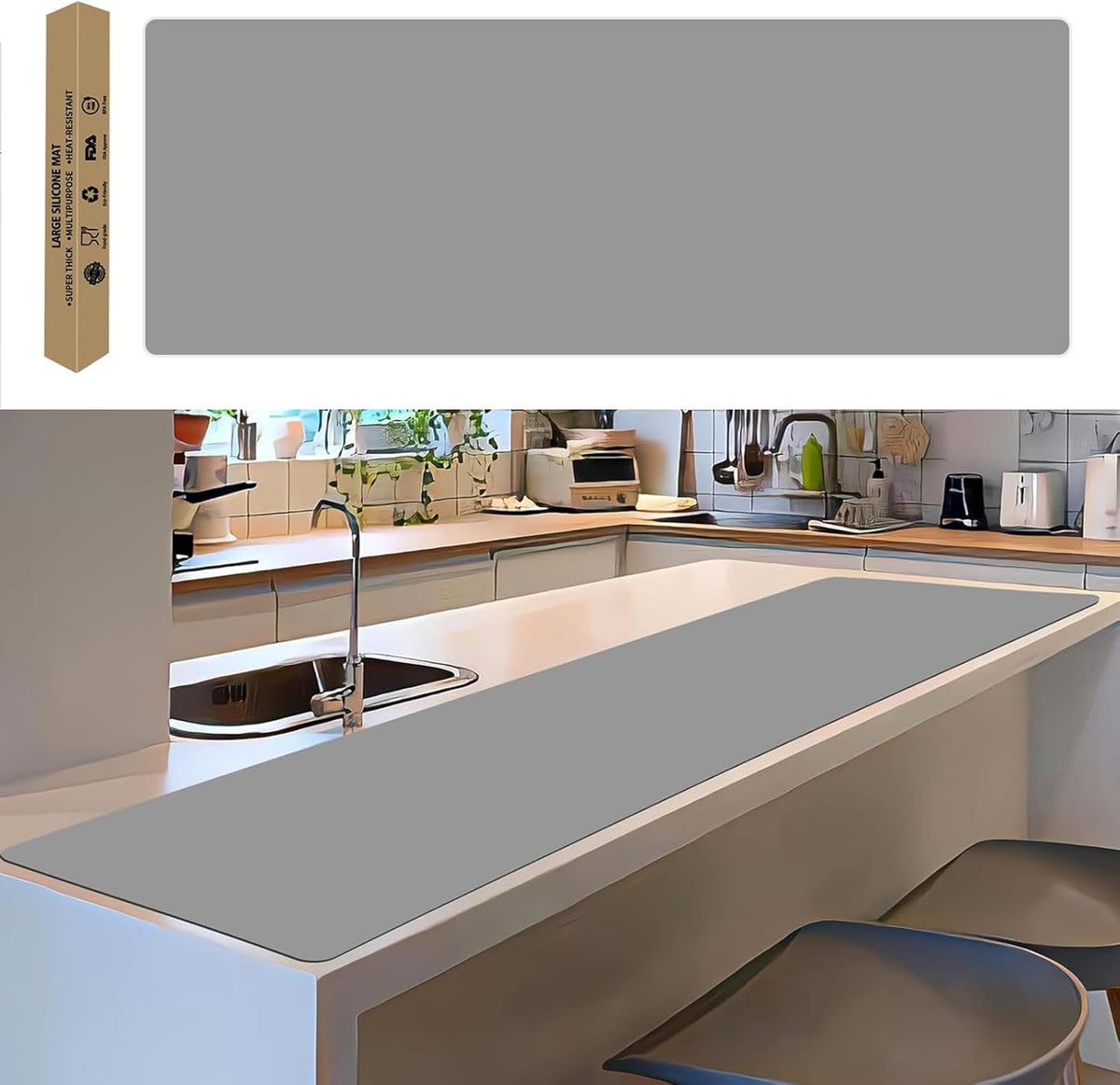 Large Silicone Mat, 78.7”x 15.7” Extra Thick Heat Resistant Mats, Nonslip Kitchen Countertop Protector Mat, Cuttable Waterproof Counter Protector Mat for Kitchen Island Workbench (Light Gray)