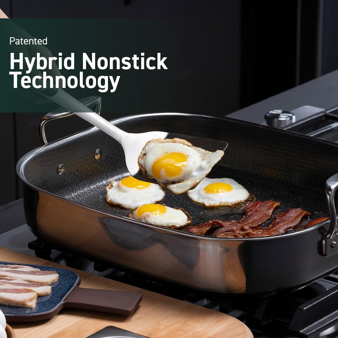 HexClad Hybrid Nonstick Small Roasting Pan with Rack, Dishwasher-Friendly, Oven-Safe Up to 900°F, Compatible with All Cooktops