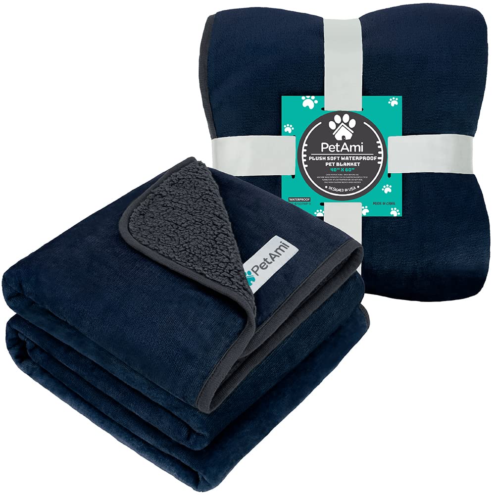 PetAmi Waterproof Dog Blanket for Medium Large Dogs, Pee Proof for Couch Bed, Reversible, Soft Fleece, Washable, 40x60 Navy/Gray