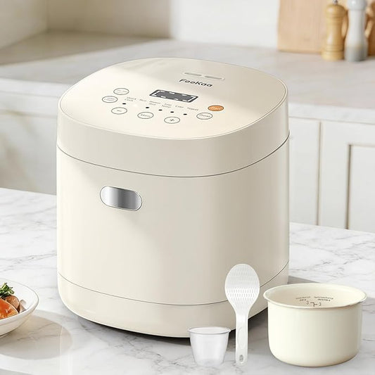 Feekaa Rice Cooker Small, 3-Cup Uncooked / 6-Cup Cooked, Compact Mini Rice Cooker Small Kitchen with Ceramic Coated Inner Pot, Rice Maker with 6 Menu Options, Low Temperature Cooking, 12H Delay Timer