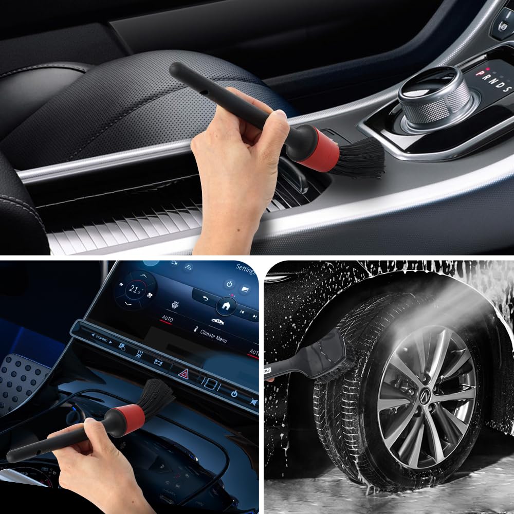 pulwury 9pcs Detailing Brush Set,Interior Cleaning Brush,Steel Wire & Tire Brush Automotive Cleaning Brush Kit,for Cleaning Engine, Body Exterior Surface, Carpet, Truck, SUV, RV, Motorcycle