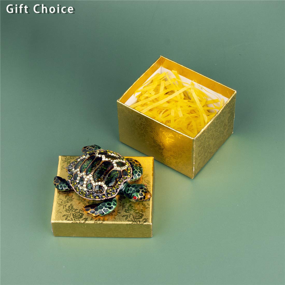 YU FENG Small Turtle Trinket Jewelry Box Hinged Rhinestones Jeweled Painted Enameled Sea Turtle Animal Figurines Collectible