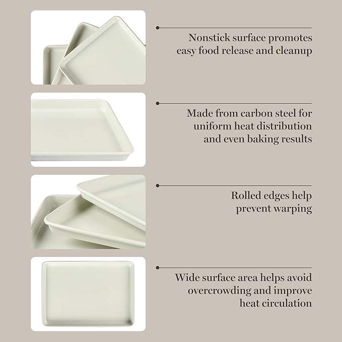 Martha Stewart Gallen 3-Piece Cookie Sheet Set – 13", 15", 17" Baking Pans, Ceramic Nonstick, PFA-Free, Carbon Steel – Oven Safe to 450°F, Warp-Resistant, Easy to Clean - Linen White