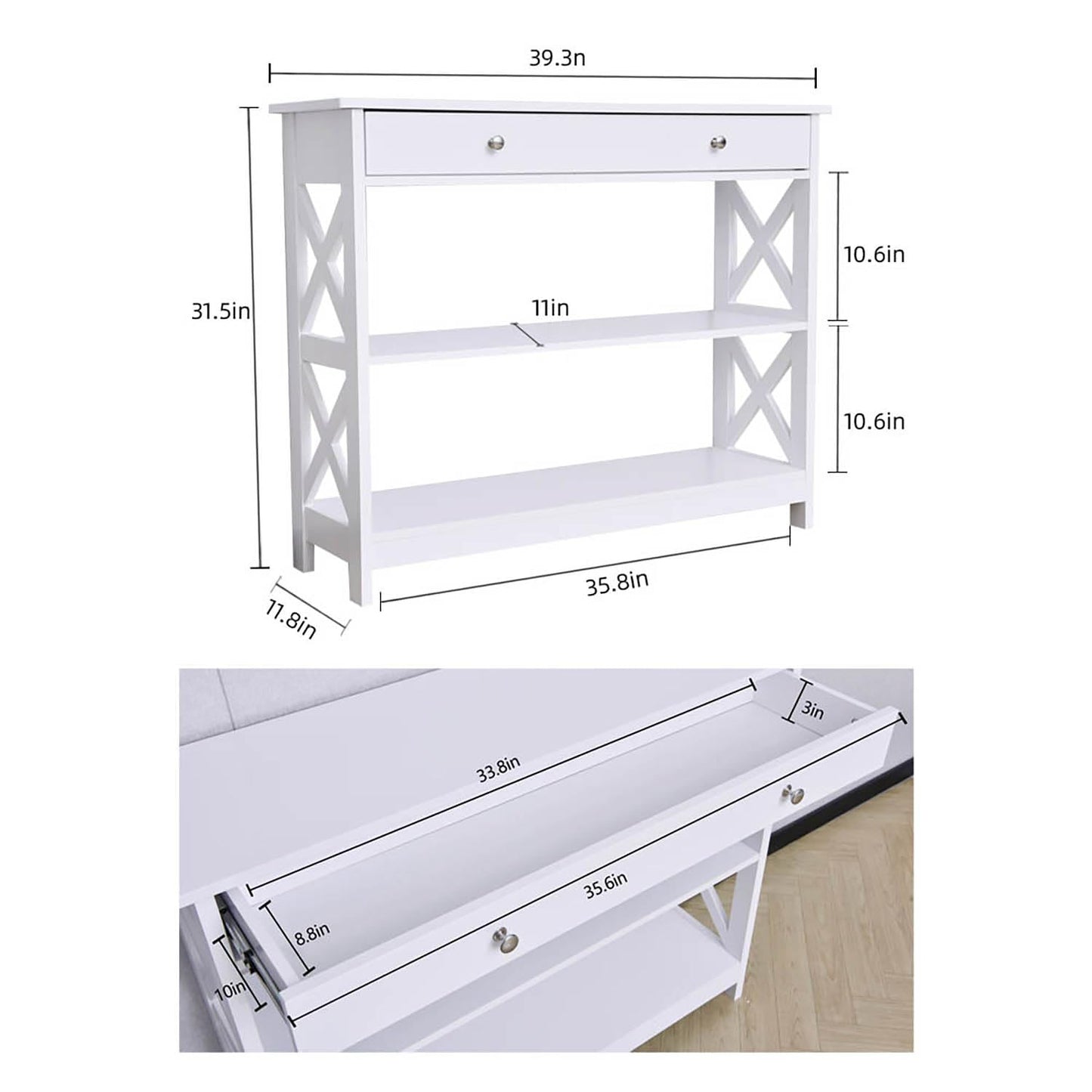 Ceredeme Entryway Table with Storage, Farmhouse Console Tables for Entryway with Drawer, Narrow Long Entry Table with Shelf for Front Door Living Room, Hallway Sofa Table with X Supports, 40" White