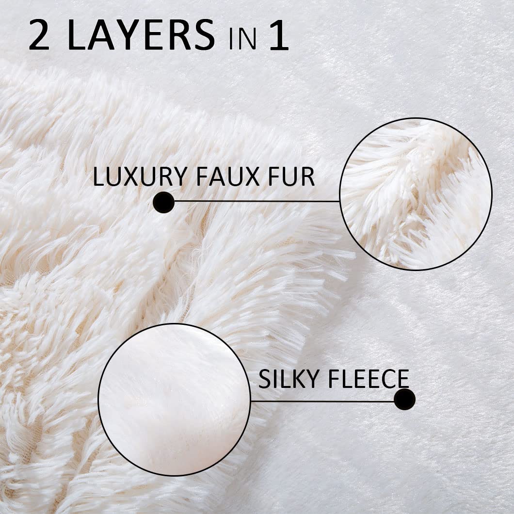 YUSOKI Long Faux Fur Throw Blanket for Sofa Couch,2 Layers,2.1lb,All Ages,Home Decoration, (Cream White,50" x 60")