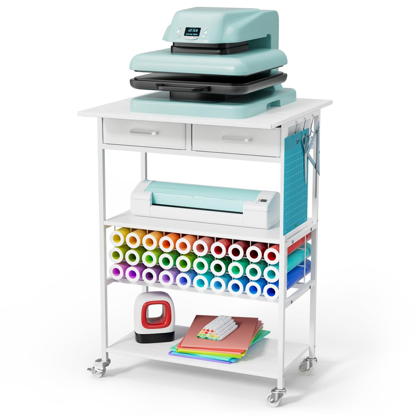 Homsorout Movable Heat Press Table - Heat Transfer Machine Stand Compatible for Cricut, Vinyl Roll Holder, Rolling Metal Wood Sublimation Printer Organizer for T Shirt Maker Craft, 23.6''×19.6''