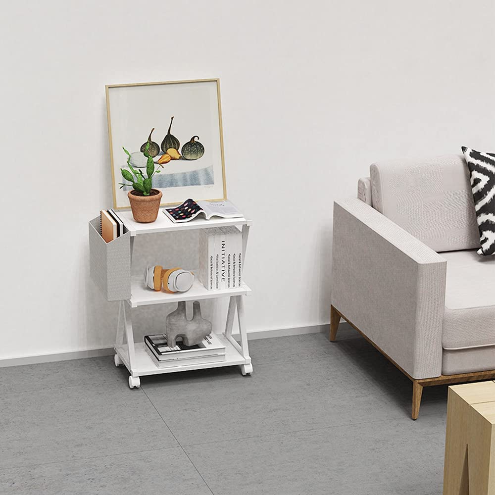 VEDECASA White Mobile Printer Stand 3 Tier Wood Shelf Metal Frame Printer Cart with Storage Bag for Home Office Modern Under Desk Table Side Printer Cart with Rolling Caster Wheel