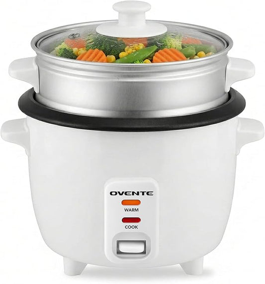 OVENTE Electric Rice Cooker and Food Steamer – 10-Cup Cooked Capacity (5 Cups Uncooked), Nonstick Removable Pot, Keep Warm Function, Steaming Basket, Measuring Cup & Spatula Included, White RCS01W