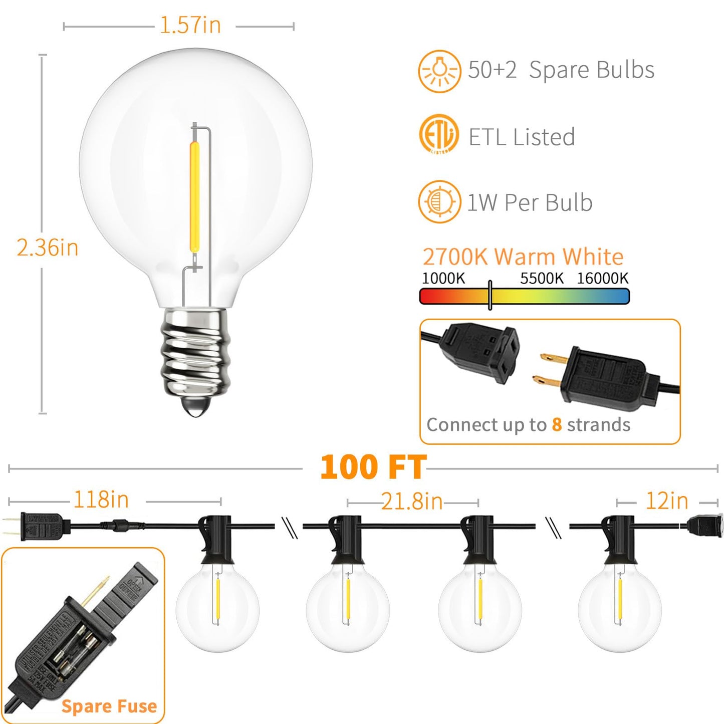 Svater Outdoor String Lights Waterproof 100 FT, LED Patio Lights Outside with 52 Shatterproof G40 Bulbs, Dimmable Hanging Globe Lighting for Bistro Backyard Cafe Market Porch, Warm White 2700K