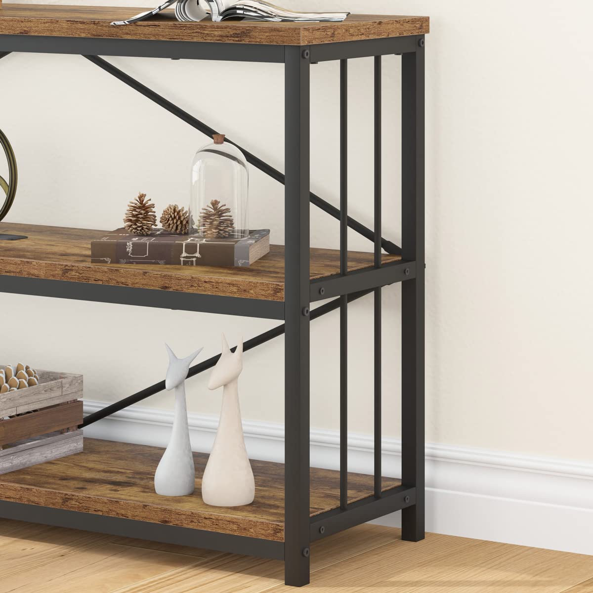 LVB Industrial Console Entryway Table, Metal Wood Rustic Sofa Table with Storage, Farmhouse 3 Tier Shelf Long Hallway Foyer Entry Tables Behind Couch for Home Living Room Entryway, Rustic Brown, 55 In
