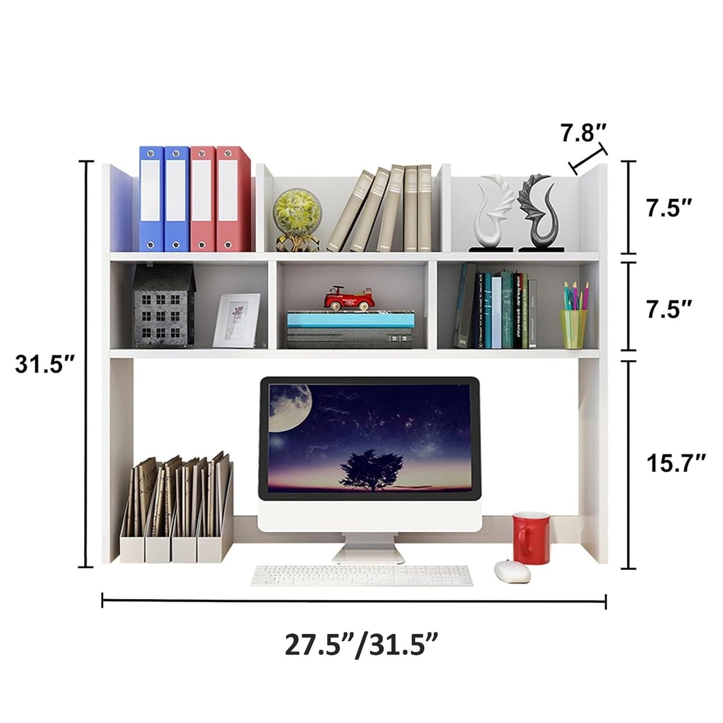 Dorm Desk Hutch, Wooden Desktop Shelf Organizer with 6 Cubbies for Computer Desk, Office, Dorm, Bedroom, White(70/80cm Length)