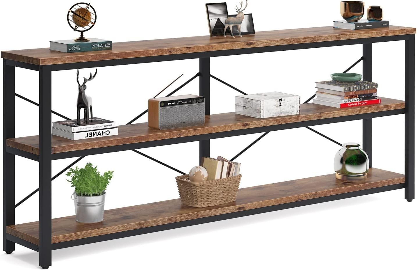 Vagaconl 71inch Sofa Tables Extra Long Couch Table, Narrow Long Console Table, Entryway Table,Sofa Table with 3 Tiers Storage Shelves (Rustic Brown)