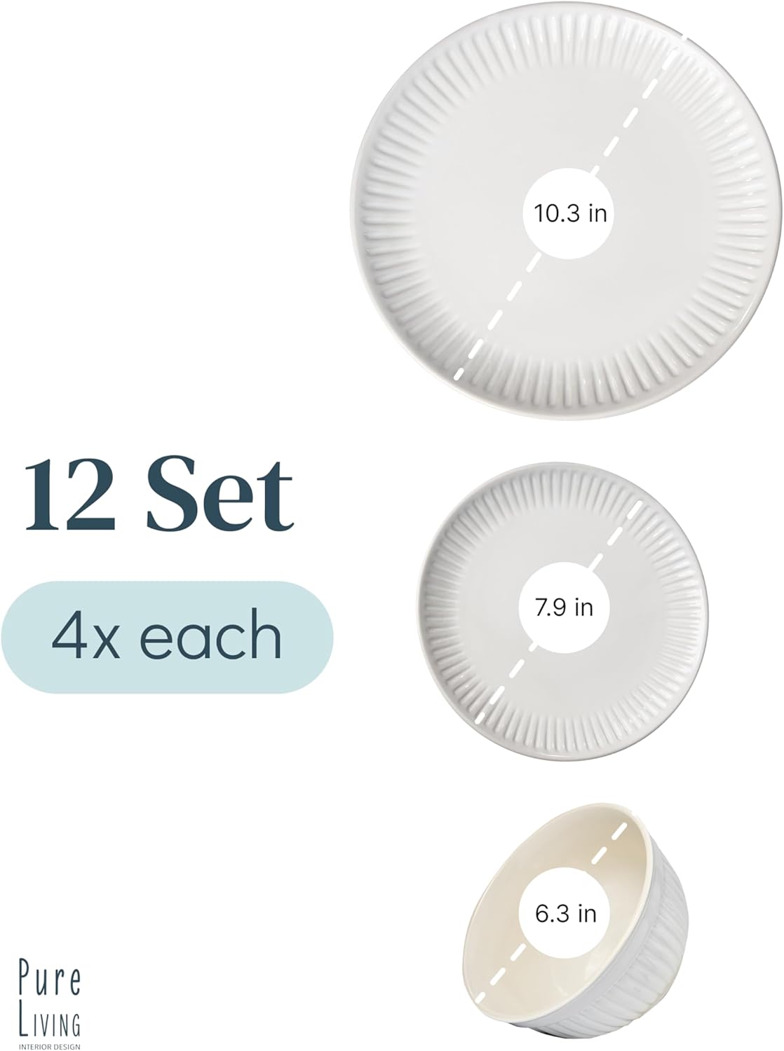 Stoneware Dinnerware Set for 4 People HYGGE 12-Piece - Elegant Scandi Design - Premium Dish Set - Bowl and Plate Set - Tableware for 4 People in a Ribbed Design - Pure Living in White