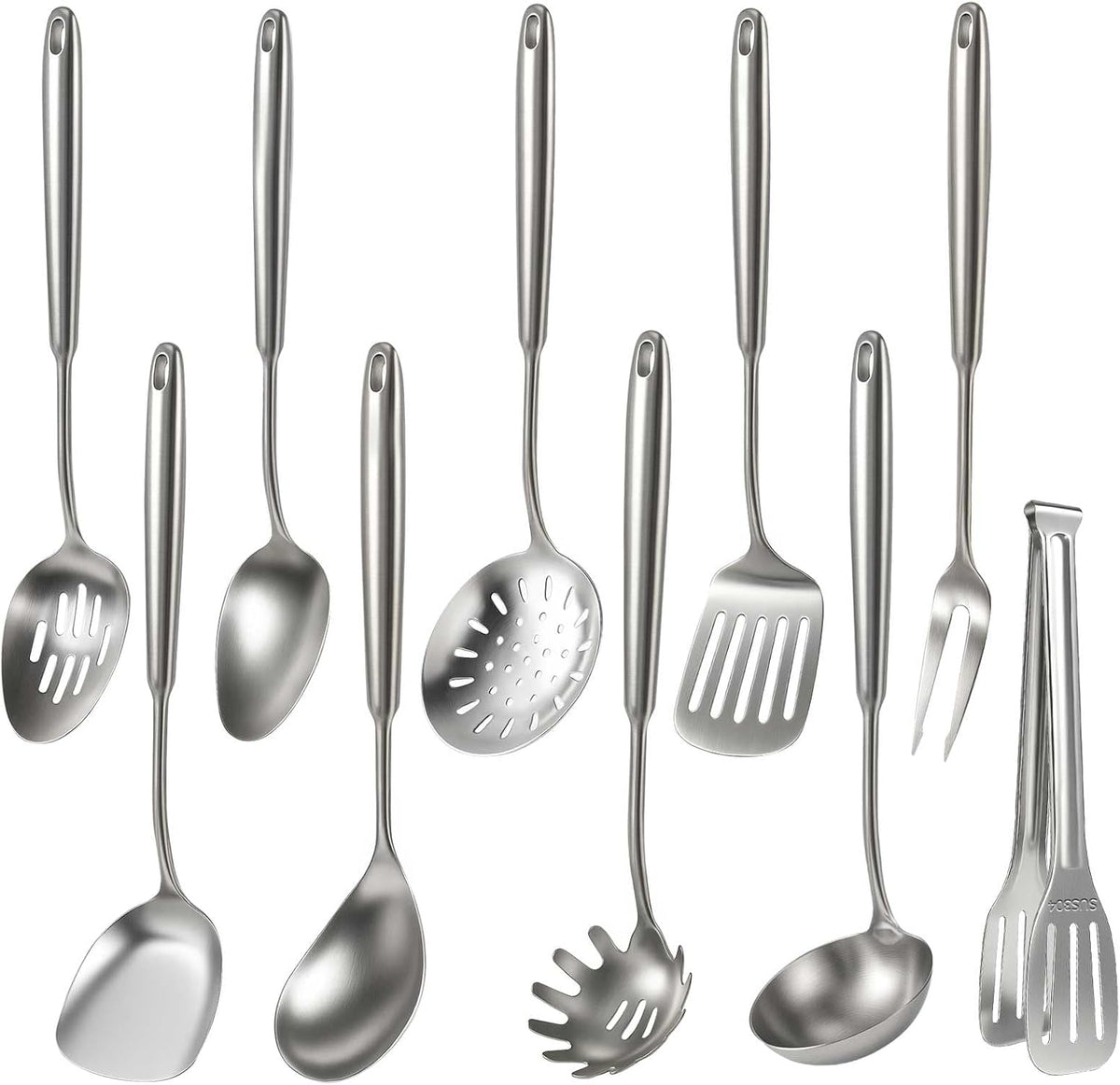 Newness 10 Pcs Cooking Utensils Set, 304 Stainless Steel Kitchen Utensils Set, Metal Kitchen Accessories, Include Soup Ladle, Slotted Skimmer Spoon, Spaghetti Spoon and Spatula, Tongs,Dishwasher Safe