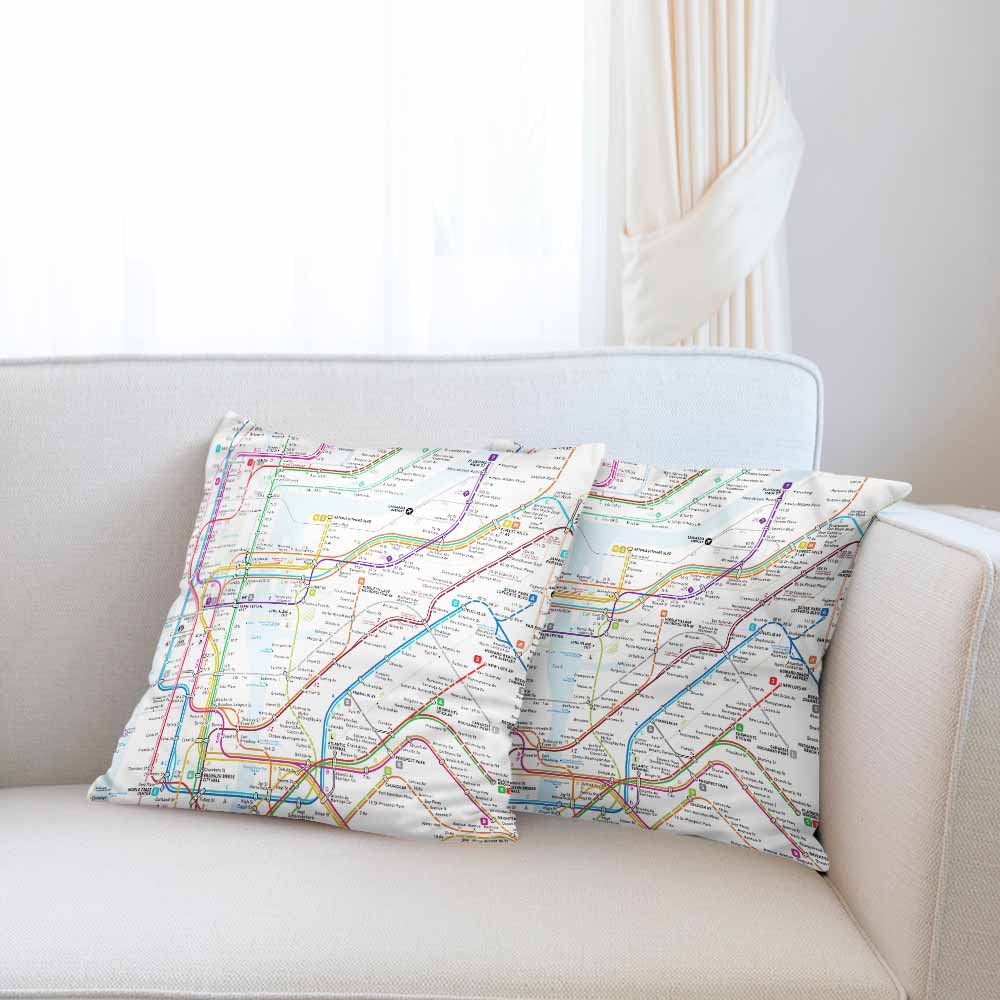 Beabes Throw Pillow Covers New York Subway Map Route Red Blue Orange Purple Green Pink Soft Decorative Square,Pack of 2 Cushion Case for Sofa Bedroom Car 18X18 Inch 45X45 Cm