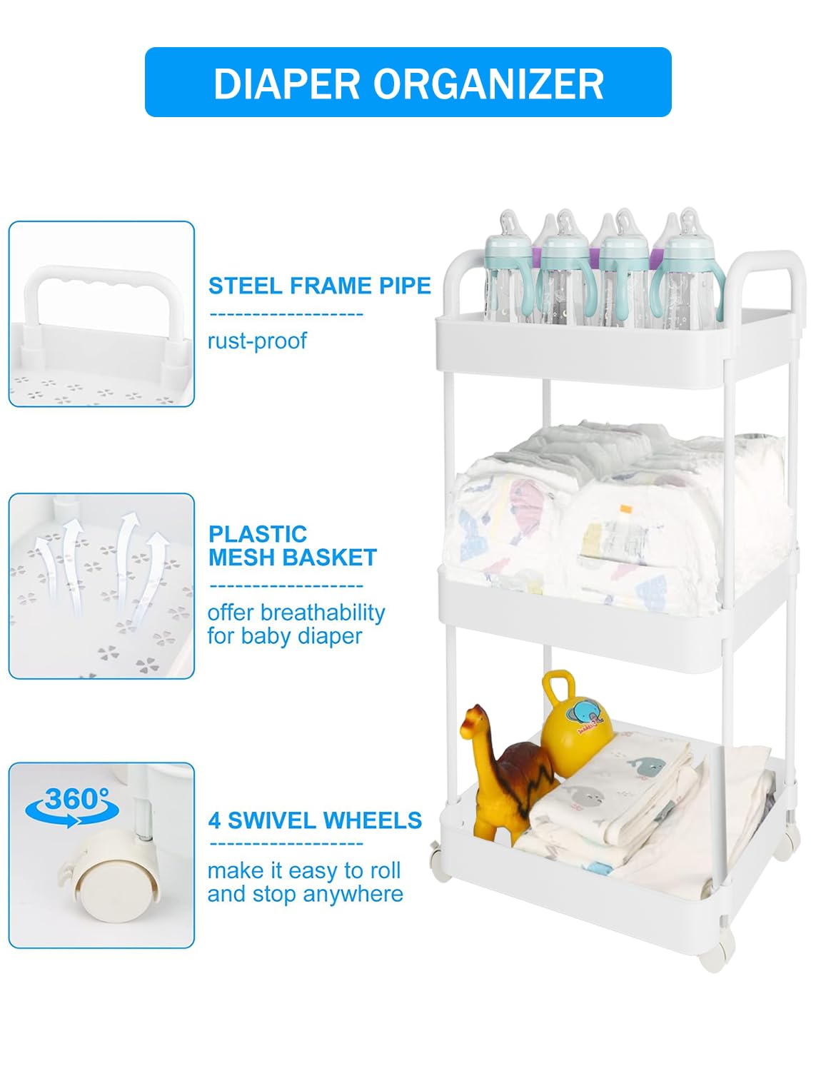 Volnamal Diaper Caddy Organizer, 3-Tier Movable Diaper Cart with Wheels, Newborn Essentials Must Haves, Diaper Caddy for Wipes & Diapers, Baby Registry Search - Plastic White