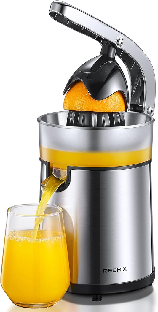 Electric Citrus Juicer Squeezer, Orange Juicer with Two Interchangeable Cones, Suitable for orange, lemon and Grapefruit, Brushed Stainless Steel, Easy to Clean and Use (Stainless Steel)