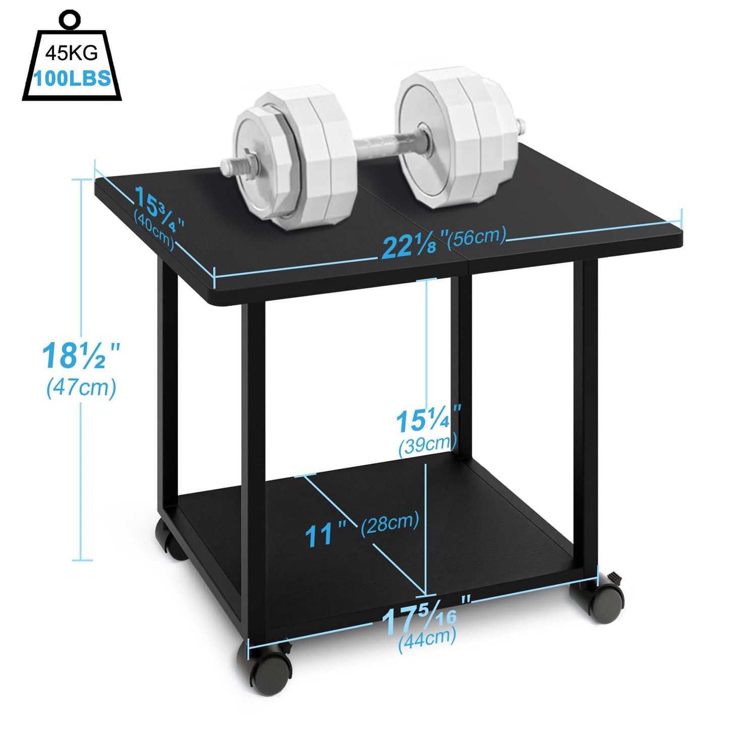 MARTY 22"x15.75" Large Under Desk Printer Stand with Storage Shelf 2-Tier Rolling Printer Cart with Wheels Printer Table for Home Office Heavy Duty Storage Rack for Scanner Fax Machine, Black