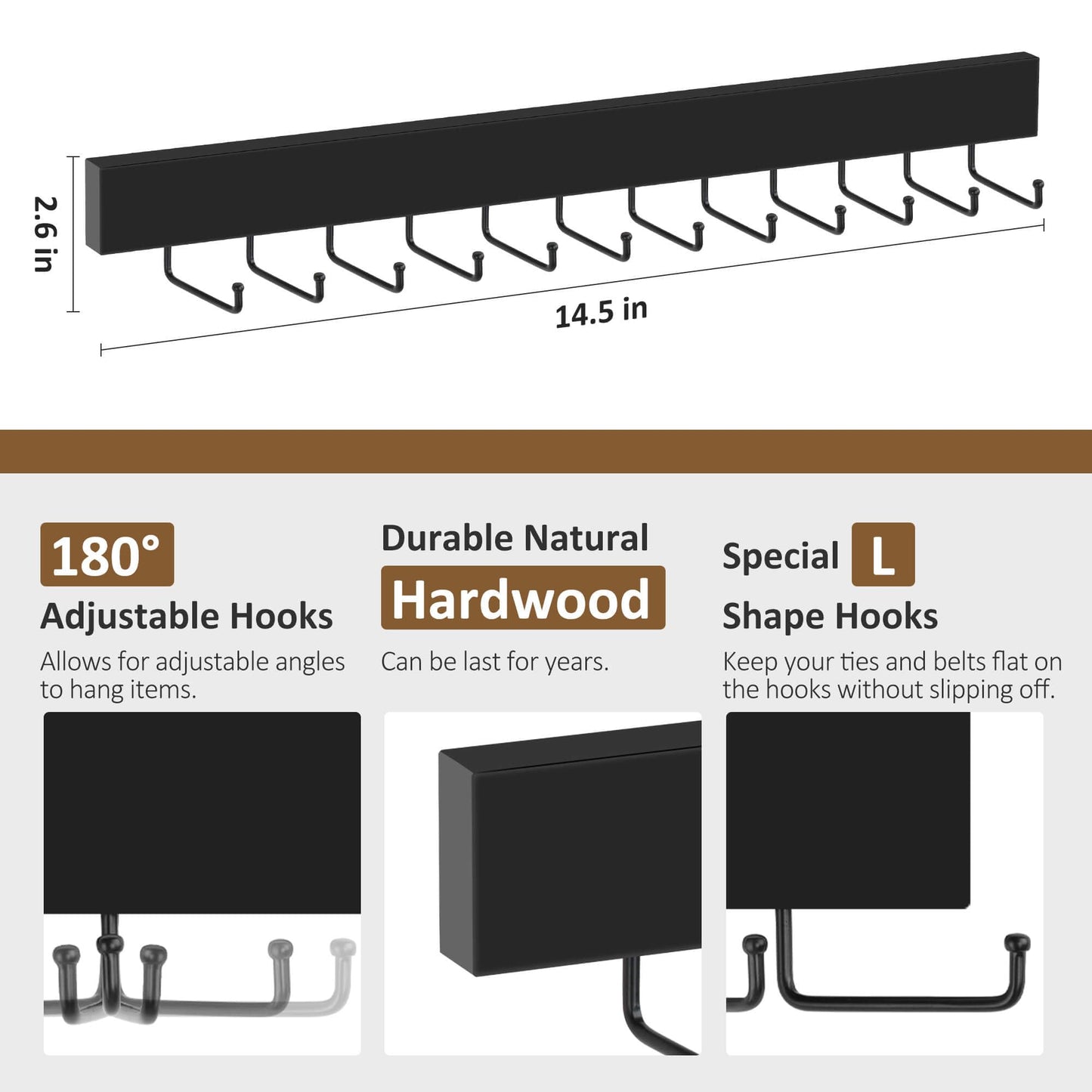 ZEDODIER 2 Pack Wodden Tie Hanger Wall Mounted, Space Saving Belt Organizer for Man with 24 180° Rotating Hooks, Space Saving Belt Storage Holder, Black