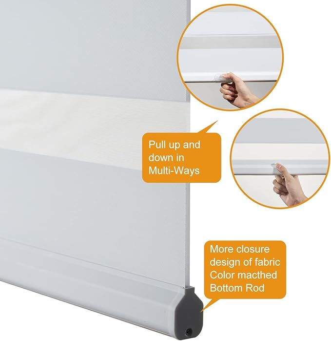 Persilux Zebra Cordless Roller Shades for Windows, Privacy Blinds (29" W x 72" H, White) for Sliding Door, Light Control for Day and Night, Home and Office