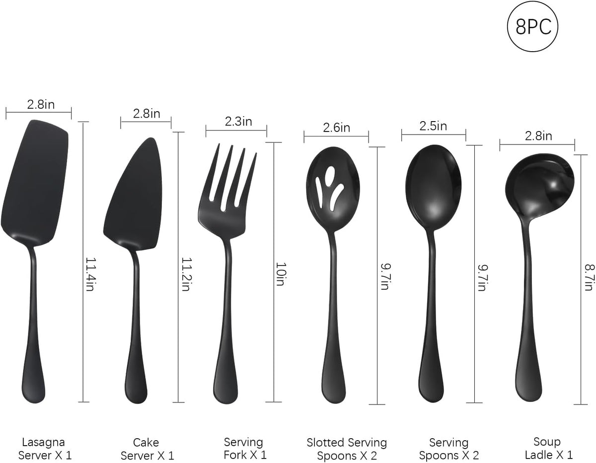 Black Serving Utensils,8 Pcs Stainless Steel Serving Utensil Set Include Serving Spoons,Serving Fork,Soup Ladle,Lasagna Server,Pie Server,Large Serving Set for Parties Buffet Home,Dishwasher Safe