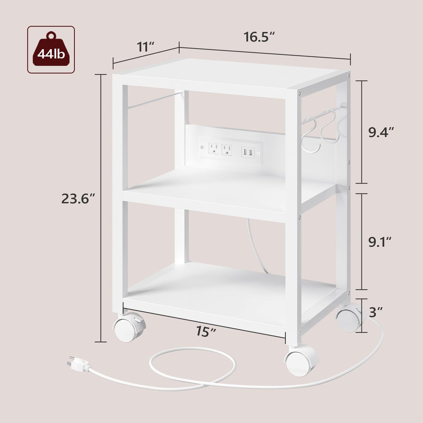 MAHANCRIS Industrial Printer Cart, 3-Tier Mobile Printer Stand, Rolling Cart with 2 AC Outlets and 2 USB Ports, Home Printer Stand with 2 Hooks, for Office, Living Room, White PTWT40E01