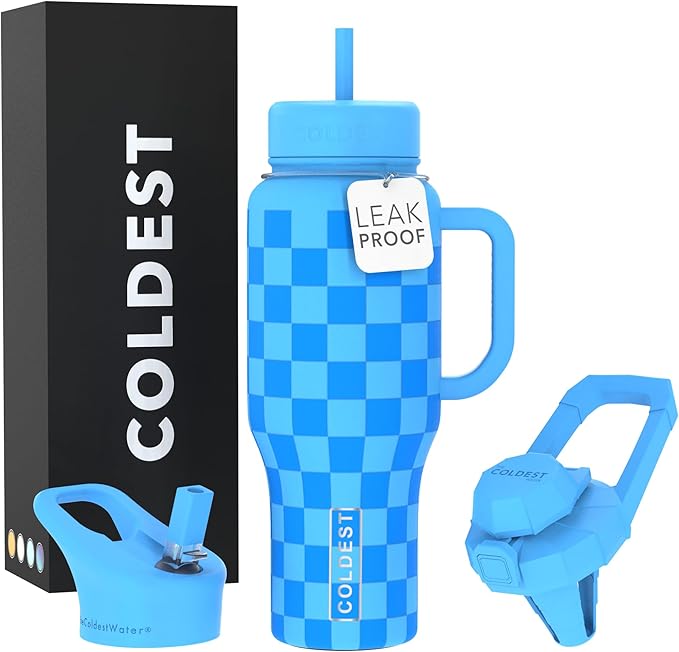 Coldest Tumbler with Handle and Straw - 100% Leak Proof Insulated Tumbler with Lid and Straw (3 Lids) - Stainless Steel Tumblers for Women & Men - Cup Holder Friendly Base, 36 oz (Blue Checkers)