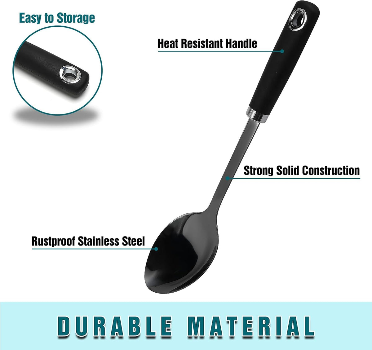 Stainless Steel Cooking Spoon Heavy Duty Basting Spoon Serving Spoons Stainless Steel Cooking Utensils with Non-Slip Ergonomic Handle, Black