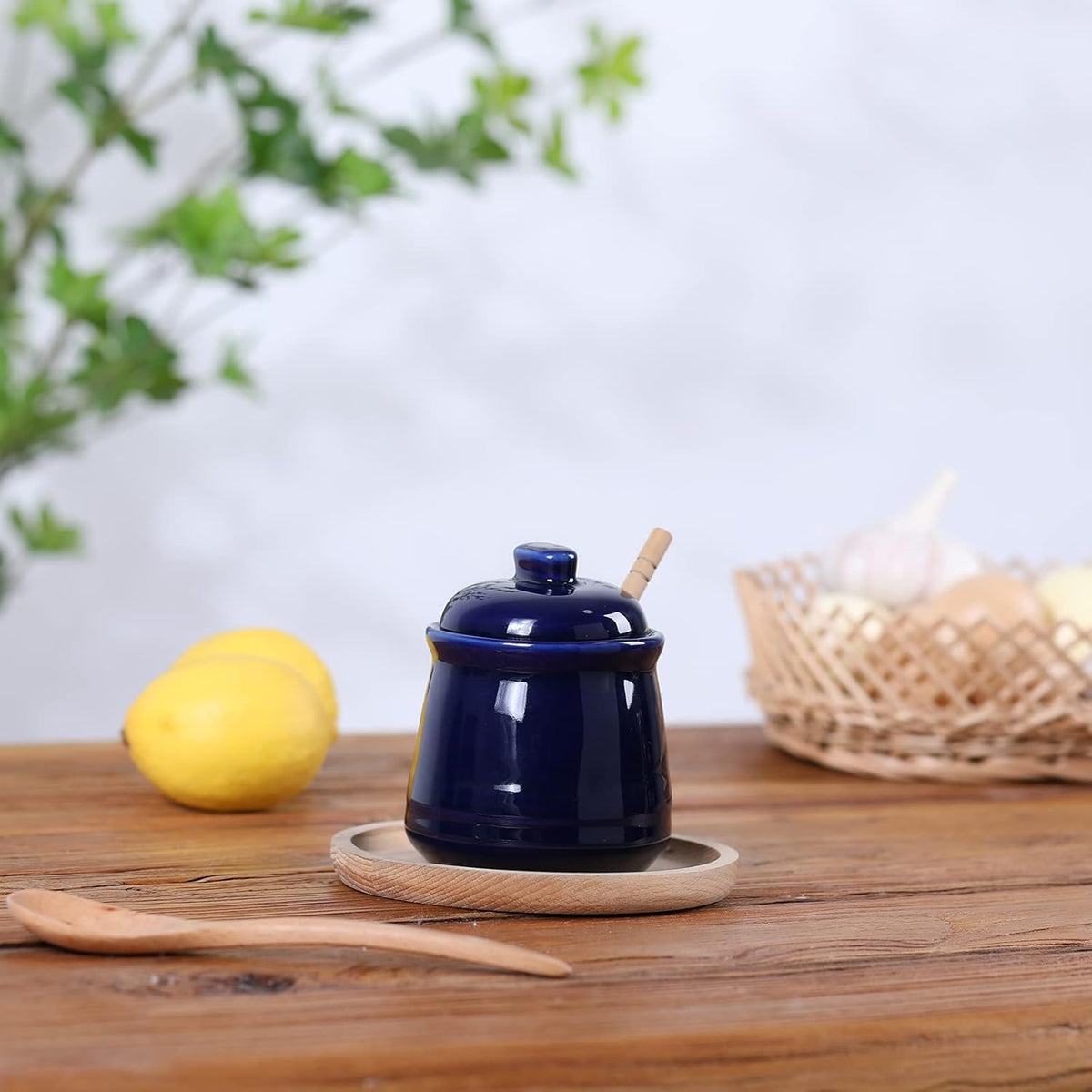 LEETOYI Porcelain Honey Jar with Lid and Dipper,Ceramic Honey pot,12oz (Navy)