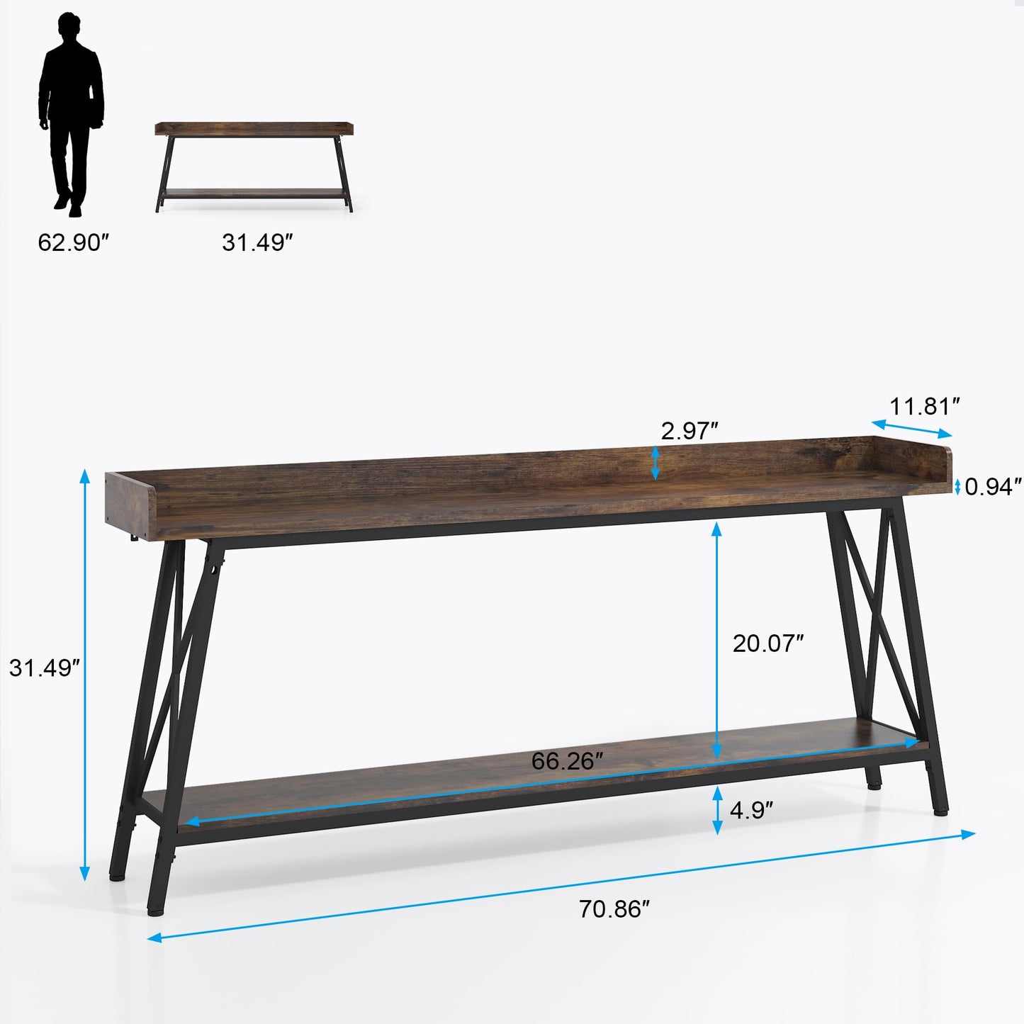 QNICE 70.9-Inch Console Table for Entryway, Farmhouse 2-Tier Entry Entrance Table, Narrow Long Sofa Table Behind Couch for Living Room & Hallway Rustic Brown