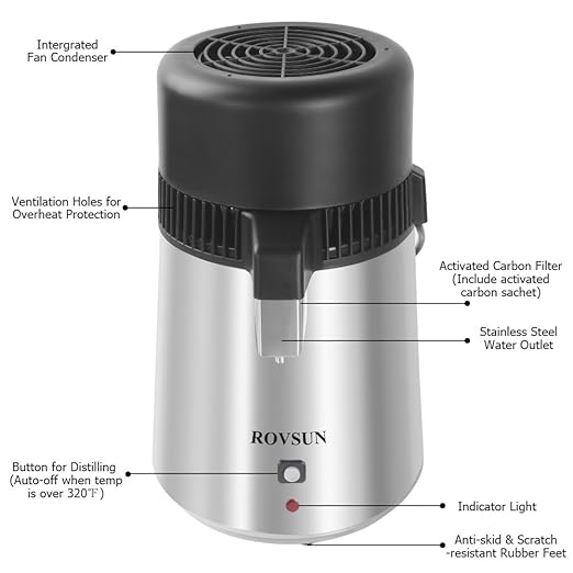 ROVSUN【Upgraded】 1.1 Gallon/4L Water Distiller Stainless Steel for Home, 750W Distilled Water Maker Machine, Water Distillers Countertop, Water Maker Purifier with Glass Container, 1L/H
