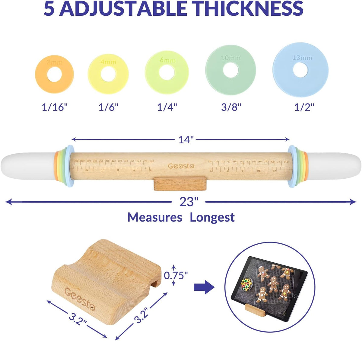 Geesta Adjustable Wood Rolling Pin with 5 Thickness Rings, Precise Dough Roller Handle Press Design with Measurement Guide for Baking Fondant, Pie Crust, Cookie, Pastry - Baking Essential