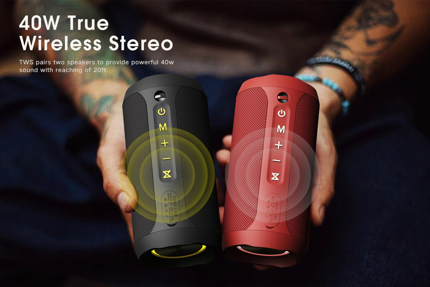 EDUPLINK Bluetooth Speaker, Portable Wireless Speakers, Waterproof IPX7 Speaker, TWS Pairing Stereo, Long Playtime for Home, Travel, Red