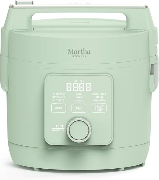 Martha Stewart Rice Cooker, 4 Cup (Uncooked) / 8 Cup (Cooked), Ceramic Non-Stick Removable Pot, Keep Warm, Measure Markings, Steam Basket, Brown & Sushi Rice, Quick Cook, Quinoa, Grains, Oats, Honeydew Green