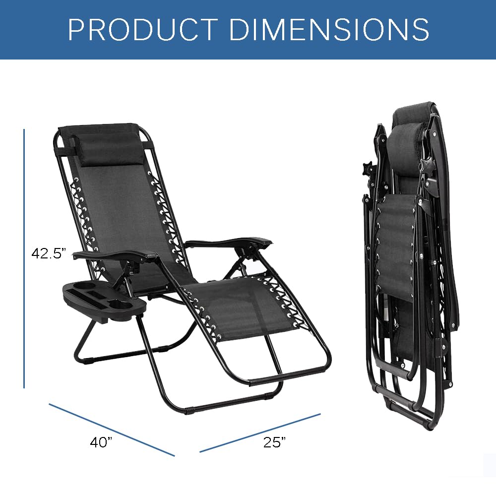 EZONE 1 Chair Zero Gravity Lounge Chairs Outdoor Adjustable Reclining Patio Chair Steel Mesh Folding Recliner for Pool Beach Camping Lounge Chair with Pillows and Cup Tray (1, Navy Blue)