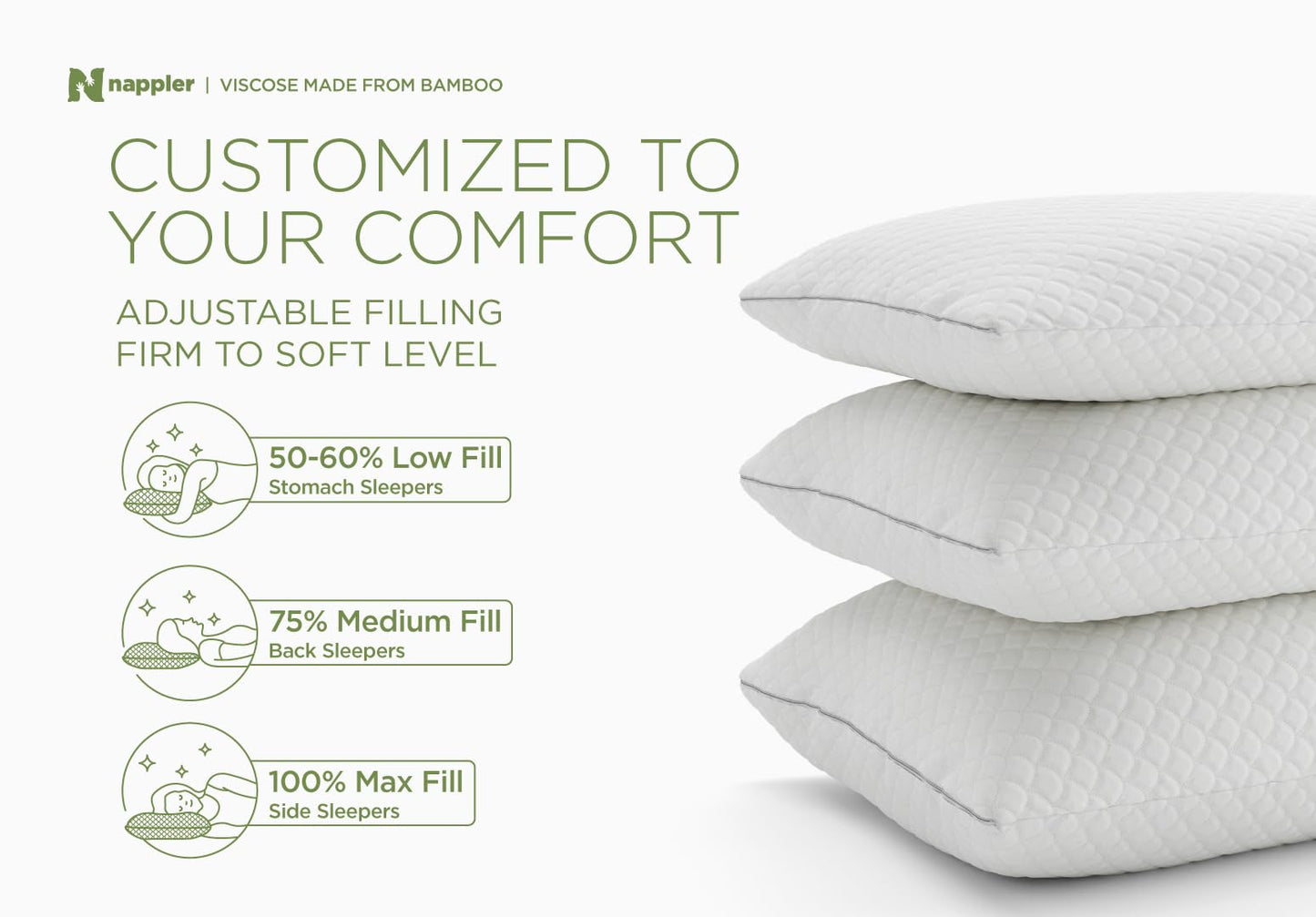 Nappler Cooling Pillow for hot Sleepers - Bed Pillows Queen Size Premium Set of 2 - Adjustable Shredded Memory Foam - Medium to Firm Pillows for Back, Stomach & Side Sleepers -Washable Cover