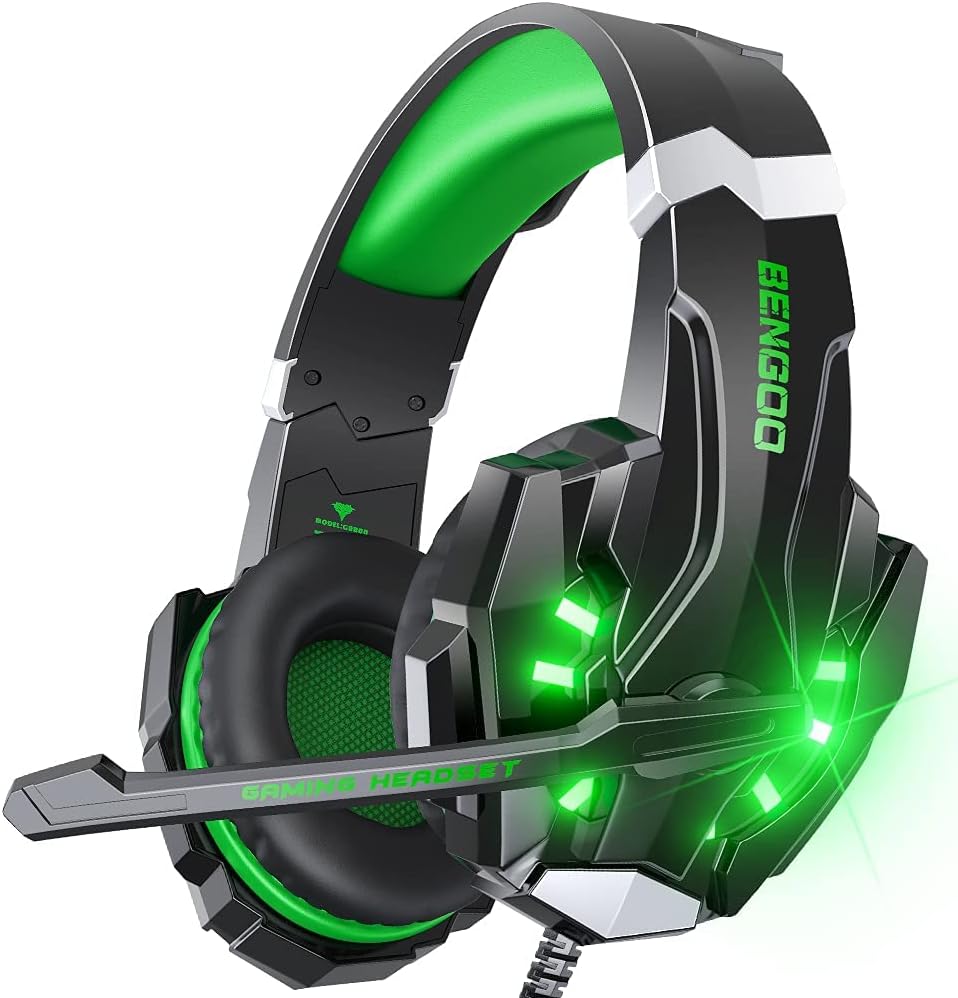 BENGOO G9000 Stereo Gaming Headset for PS4 PC Xbox One PS5 Controller, Noise Cancelling Over Ear Headphones with Mic, LED Light, 7.1 Surround Sound, Soft Memory Earmuffs for Nintendo Xbox Series X|S