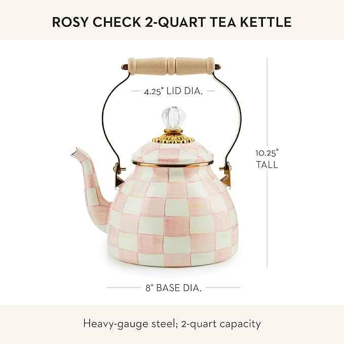 MACKENZIE-CHILDS Enamel Tea Kettle, Stylish Tea Kettle for Stovetop, Pink-and-White Rosy Check, 2 Quarts