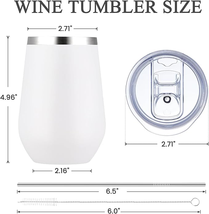 MEWAY Stemless 12oz Insulated Wine Tumbler with Lid and Straw - Double Wall Stainless Steel Thermal Cups, Travel wine glasses, Ideal for Bridal and Baby Shower Game Prizes(White,Set of 8)