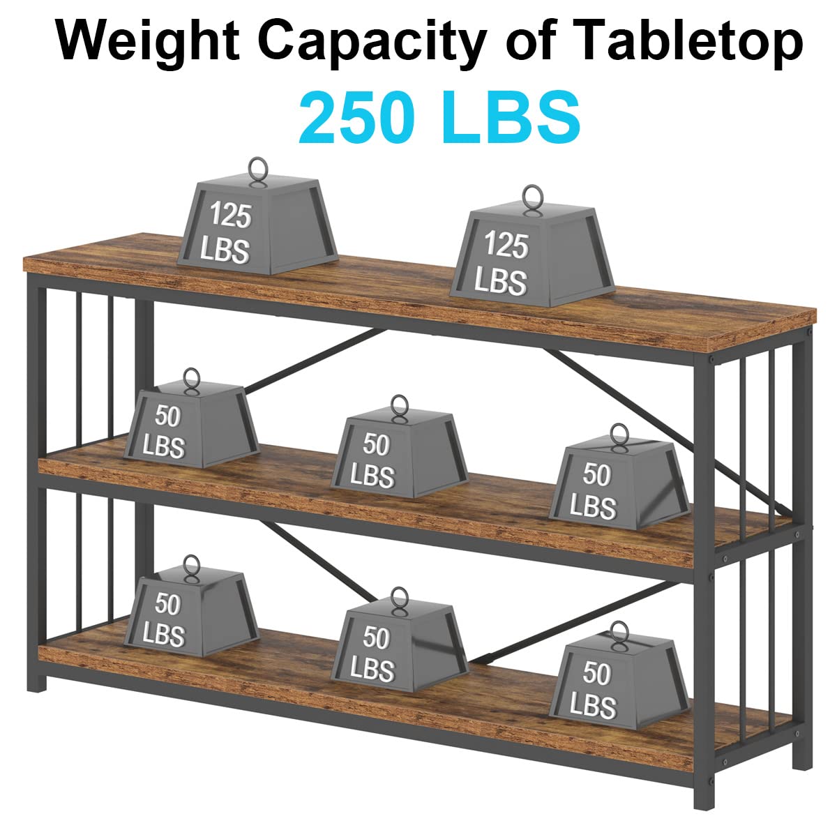 LVB Industrial Console Entryway Table, Metal Wood Rustic Sofa Table with Storage, Farmhouse 3 Tier Shelf Long Hallway Foyer Entry Tables Behind Couch for Home Living Room Entryway, Rustic Brown, 55 In