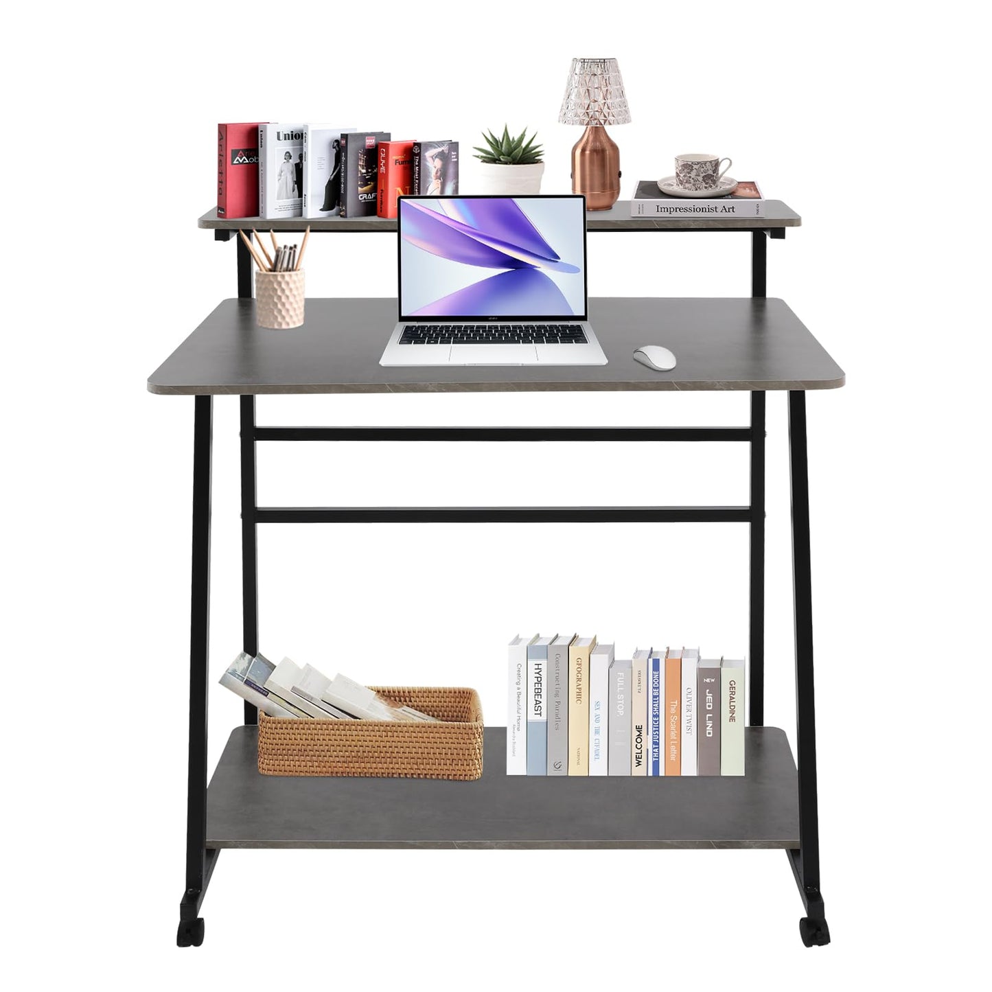 CNCEST Rolling Computer Desk, 3-Tier Computer Desk, 36inch Home Office Desk with Storage Shelves Used As A Computer Table, Study Table, Reading Table, Writing Table 31.5 * 19.69in (Black+Grey)