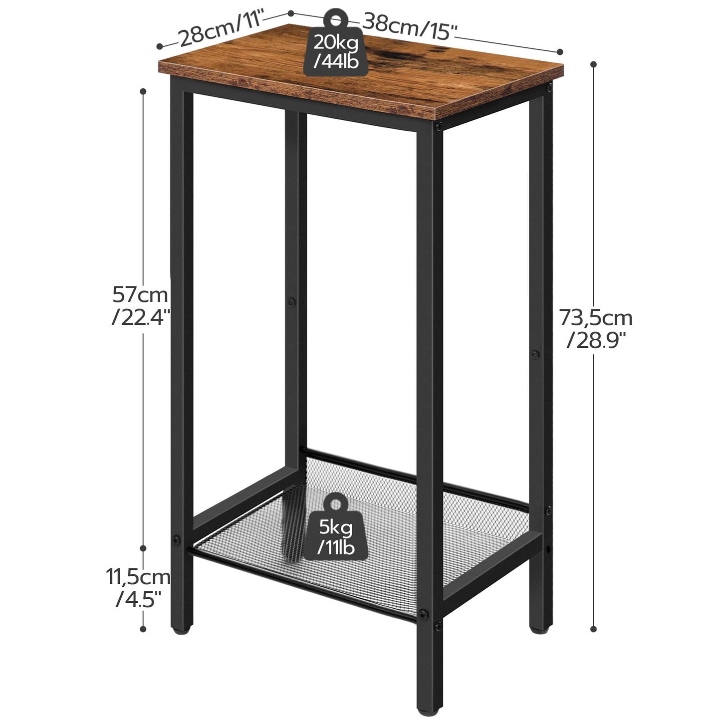 HOOBRO Tall Side Table, Industrial End Telephone Table with Adjustable Mesh Shelves, for Living Room, Bedroom, Entryway, Office, Rustic Brown and Black BF03DH01