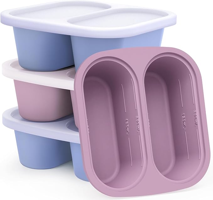 Mossime Silicone Soup Freezer Molds: 1 Cup Silicone Freezer Trays with Lid - 4 Packs Easy Release Soup Freezer Containers - 250ml 125ml Portion Large Cubes for Ice Soup (4, Blue/Purple)