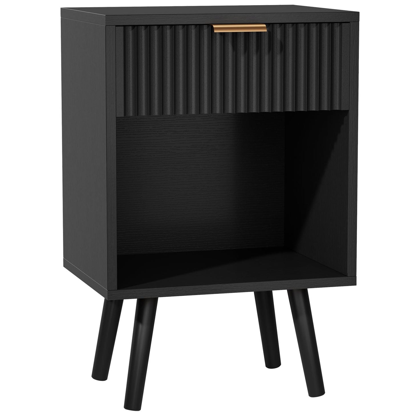 YMYNY Mid Century Modern Nightstand, Side Table, Fluted Night Stand with Drawer, Open Shelf Unit, Golden Handle, Solid Wood Legs, Bedside Table, for Bedroom, Black UHST013B