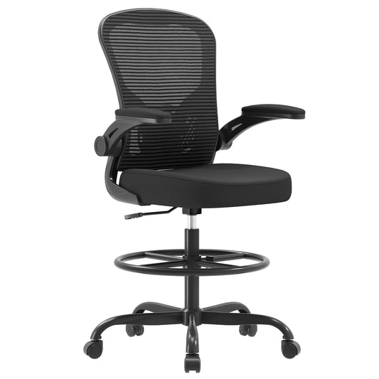Ergonomic Drafting Chair, Tall Office Chair with Flip-up Armrests, Breathable Mesh High Desk Chair with Lumbar Support Adjustable Footrest Ring for Standing Desk Black